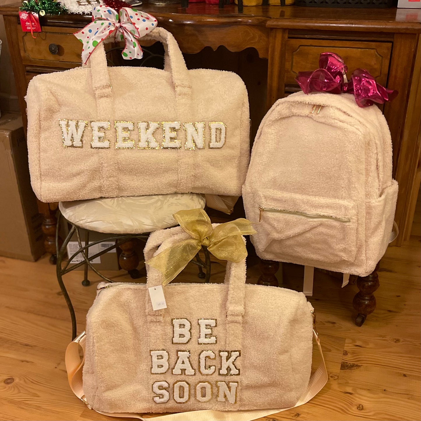 Sherpa Duffle Bag with Chenille Lettering or Sherpa Backpack