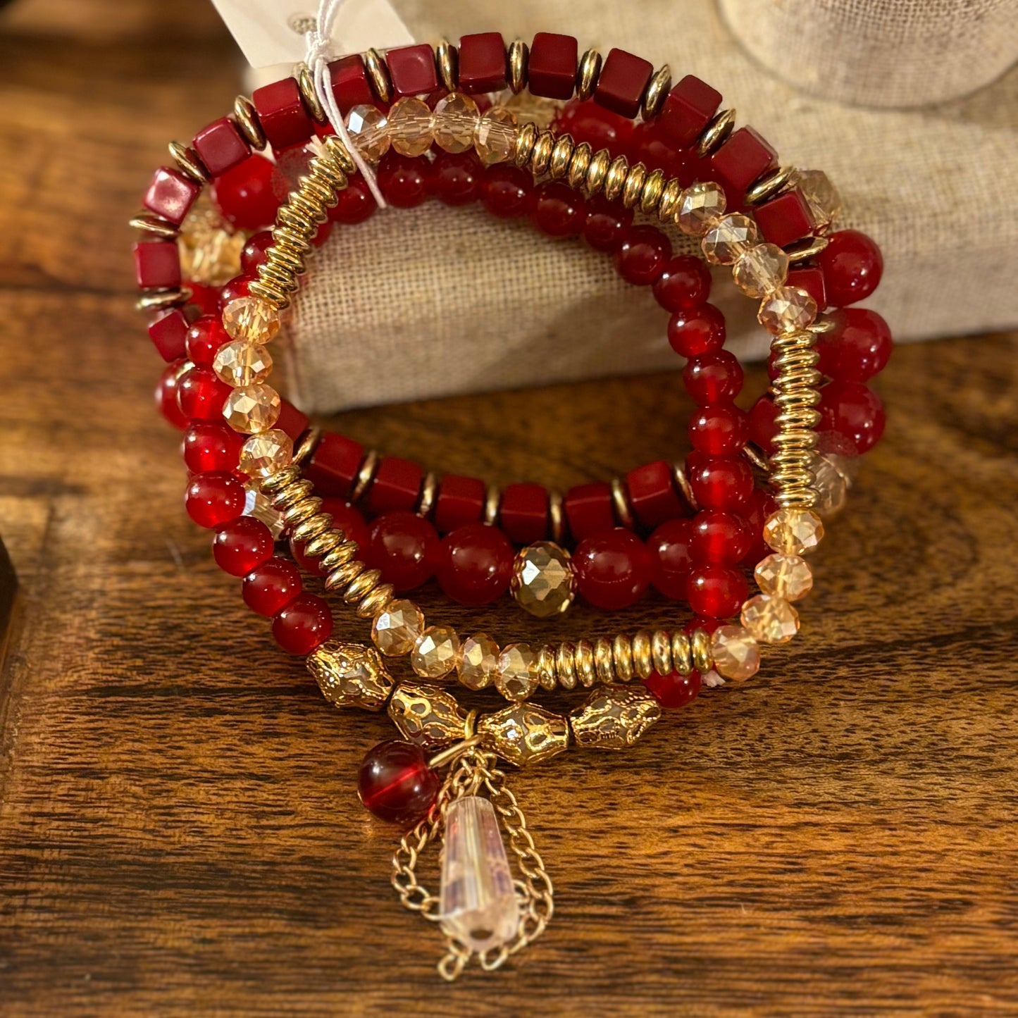 Bracelets - Red and Gold Accent Stretch Bracelet Set