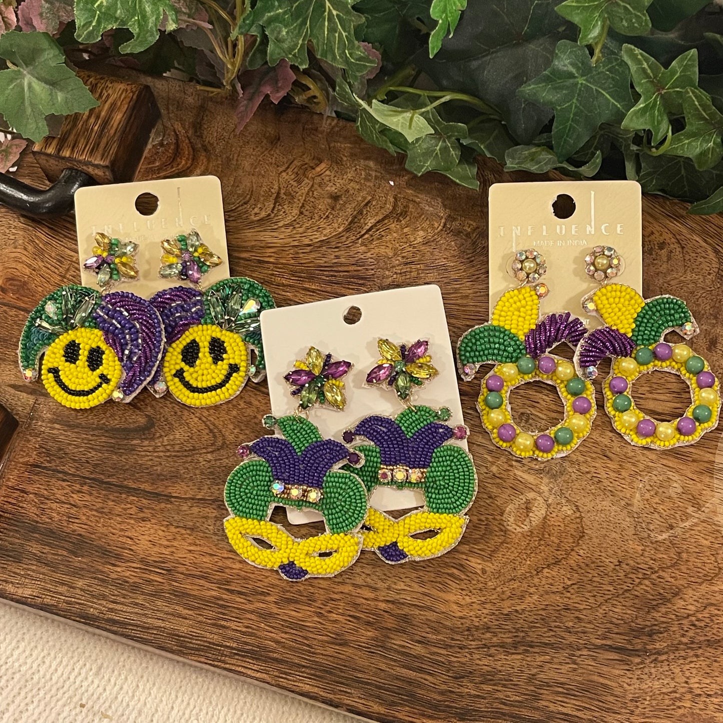 Mardi Gras Seed Bead Drop Earrings