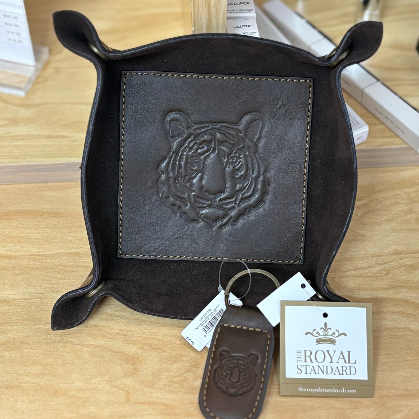 Tiger Leather Embossed Valet Tray Dark Brown • Tiger Leather Embossed Keychain • Dark Brown