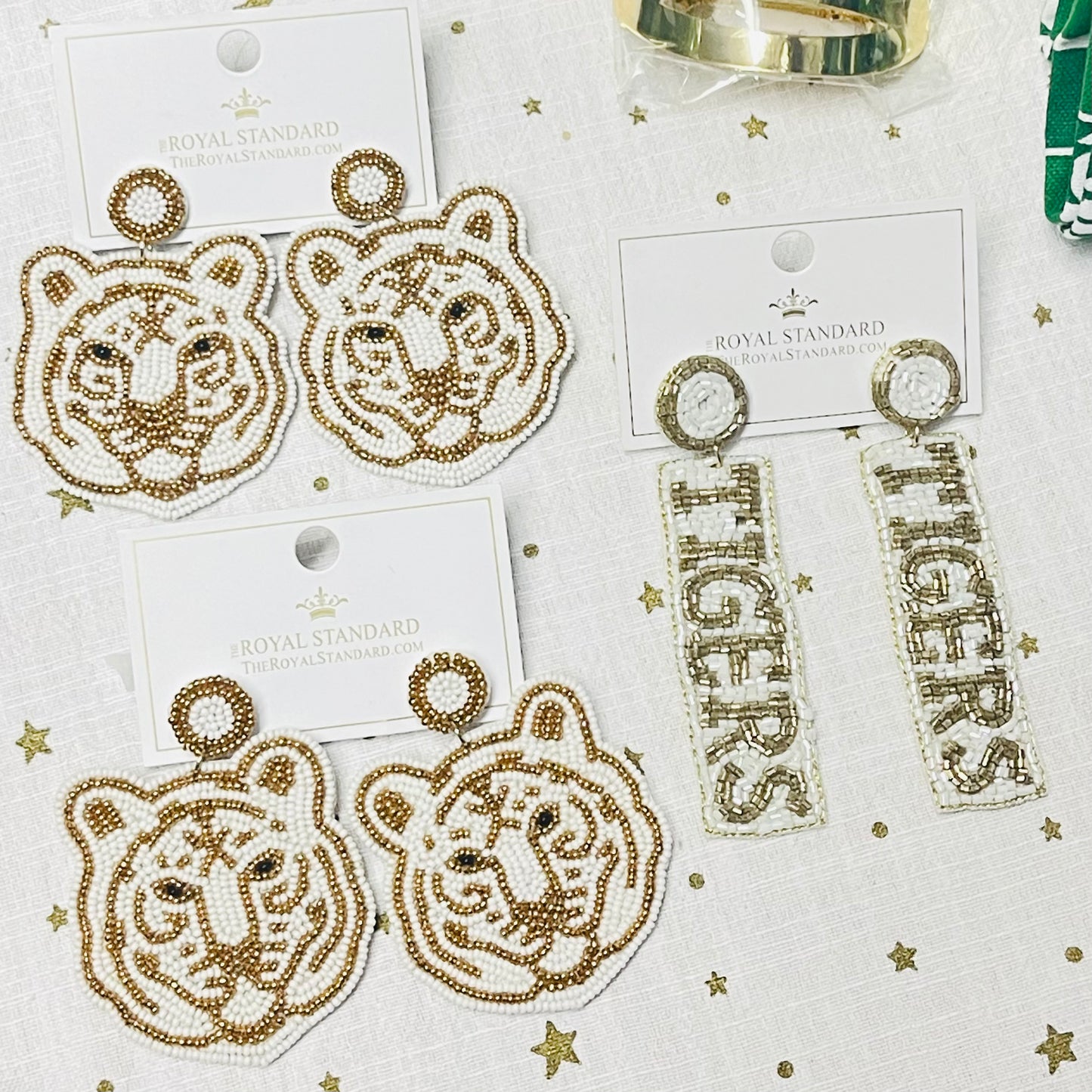 Tiger Face Beaded Earrings White/Gold 2"