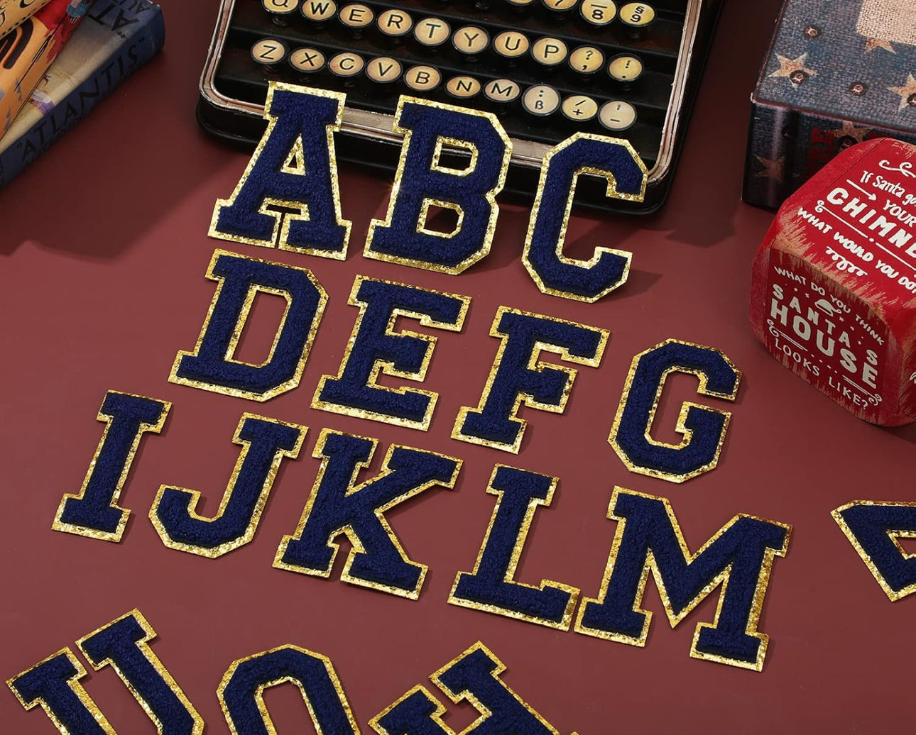Chenille Iron On Letter Patch Navy Trimmed in Gold