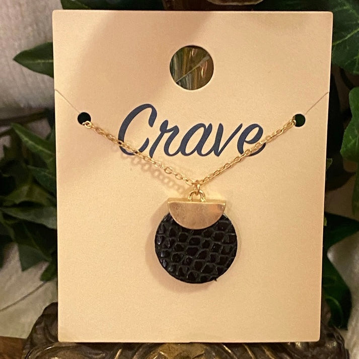 Hammered Gold Metal Black Leather Circle Pendant Necklace