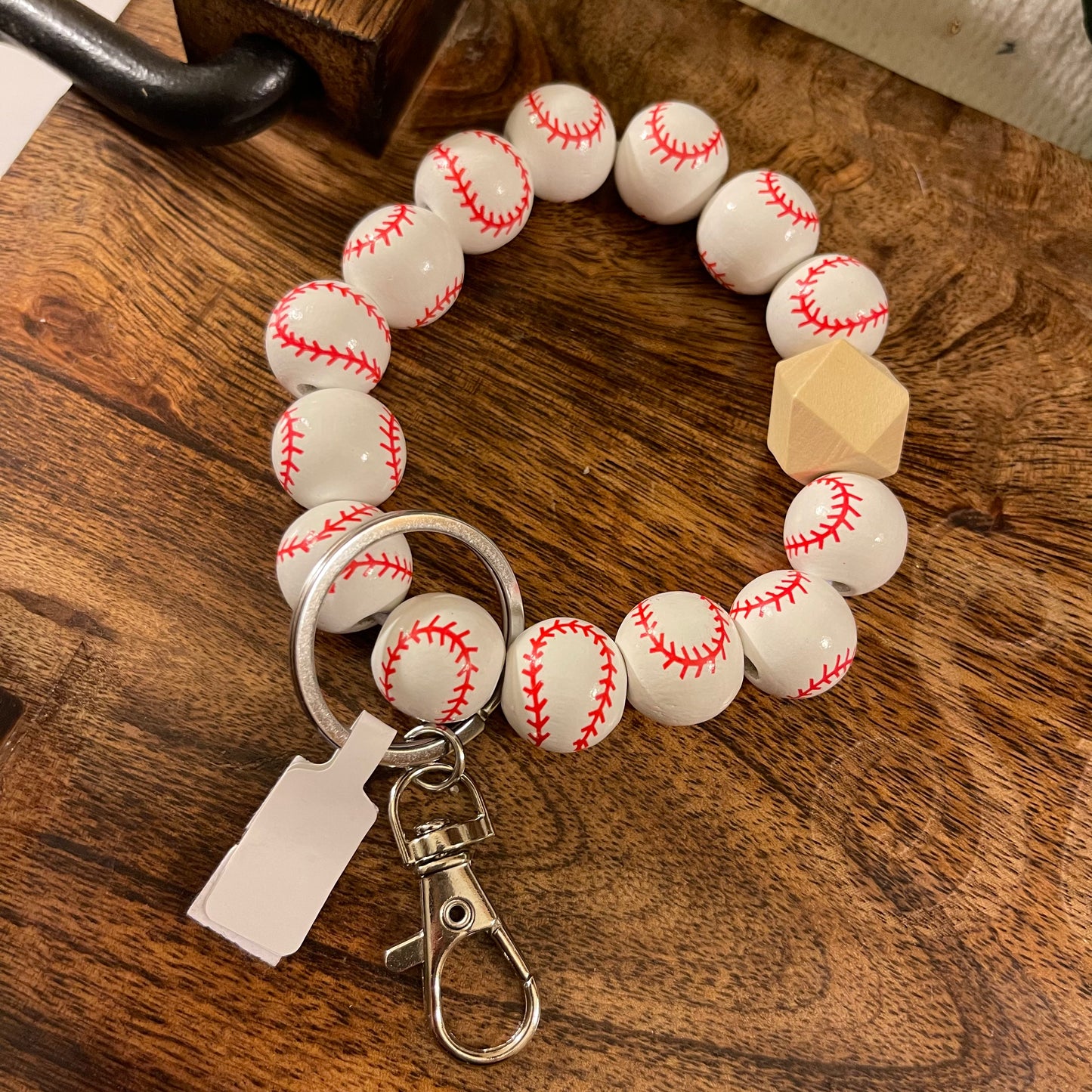 Baseball or Softball Chunky Wooden Bead Bangle Bracelet Key Ring