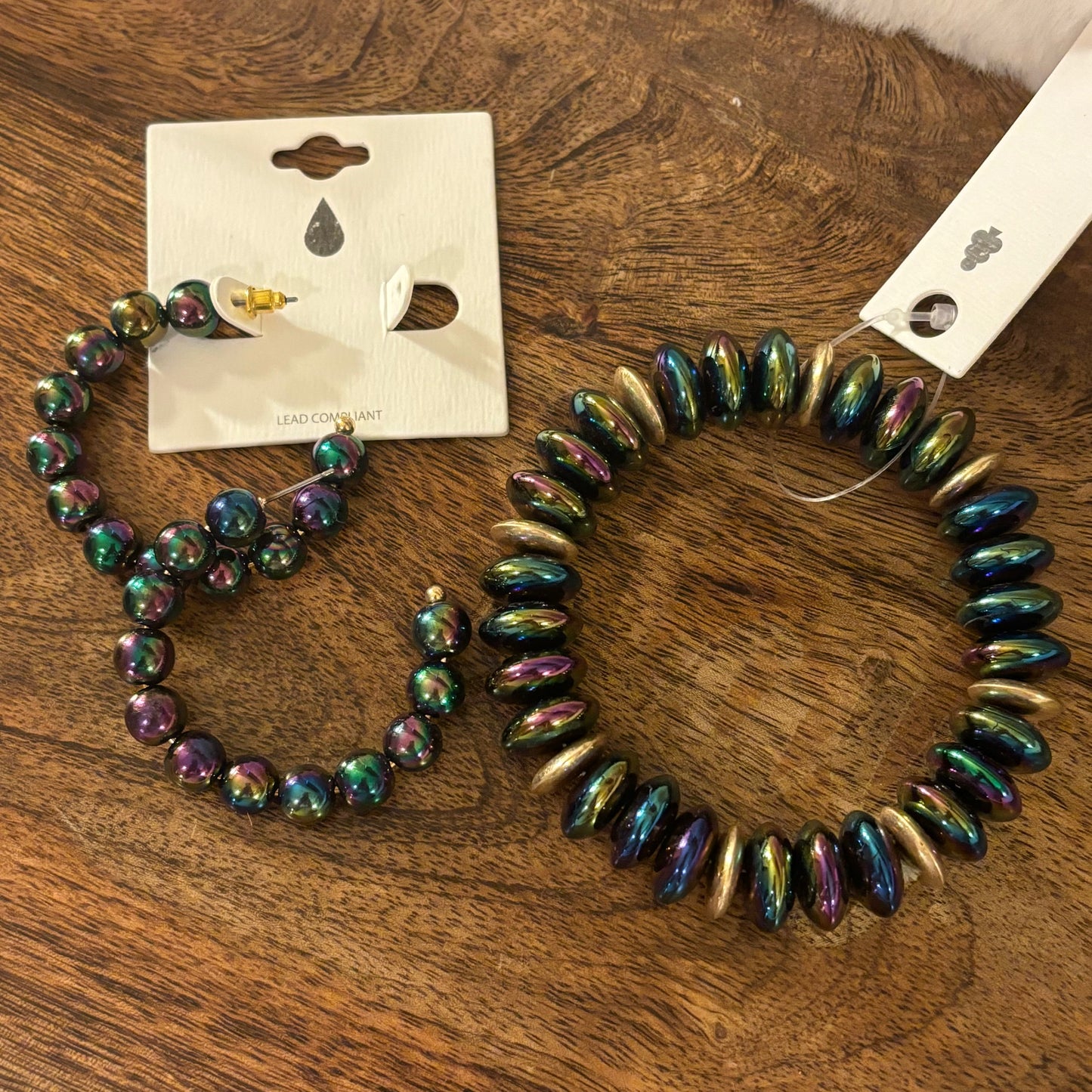 Pearlescent Beaded Drop Hoop Earring or Pearlescent Rondelle Beaded Stretch Bracelet or Mardi Gras Large Stone Dangle Earrings