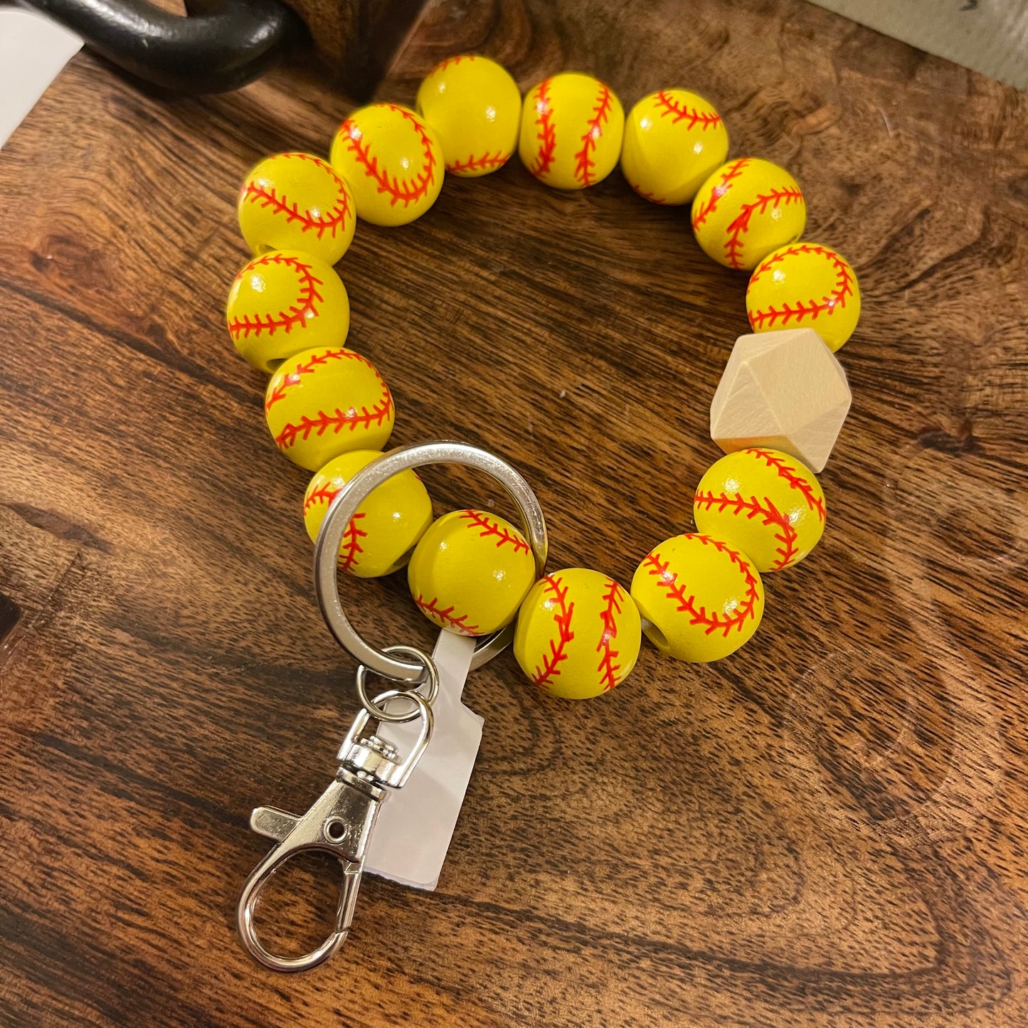 Baseball or Softball Chunky Wooden Bead Bangle Bracelet Key Ring