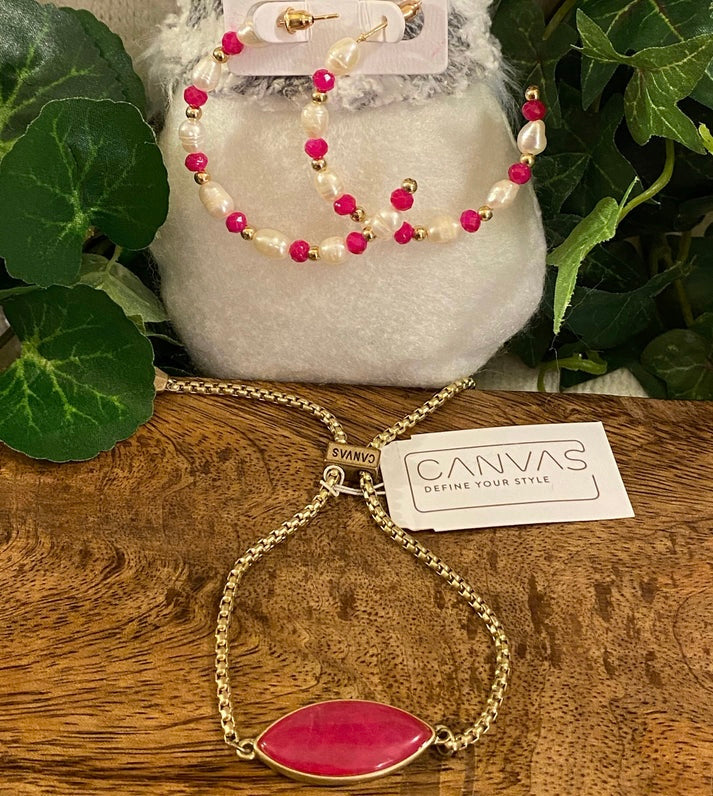 Gold Bolo Bracelet Fuchsia Stone With Gold Metal