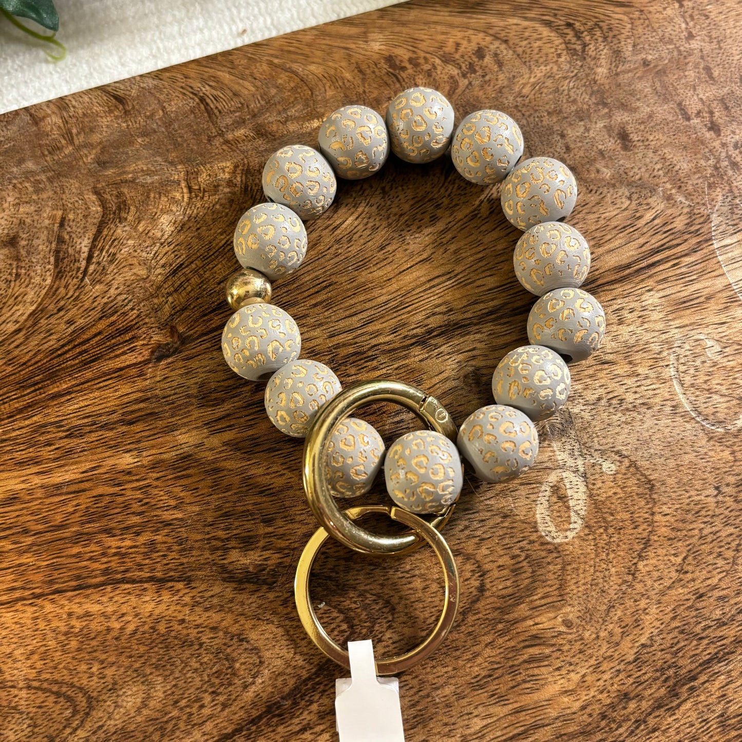 Chunky Wood Beaded Key Ring Leopard Print