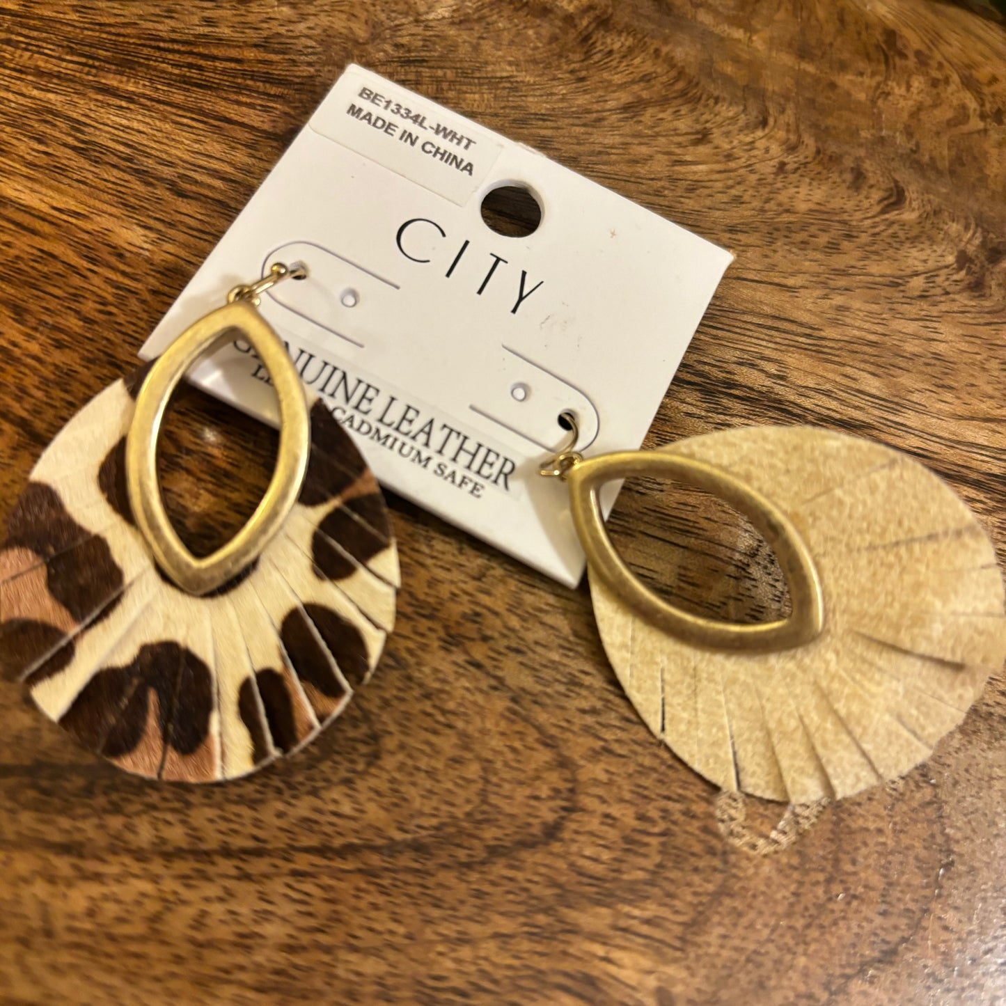 Earrings- Animal Print Leather And Gold Metal Dangle Earrings