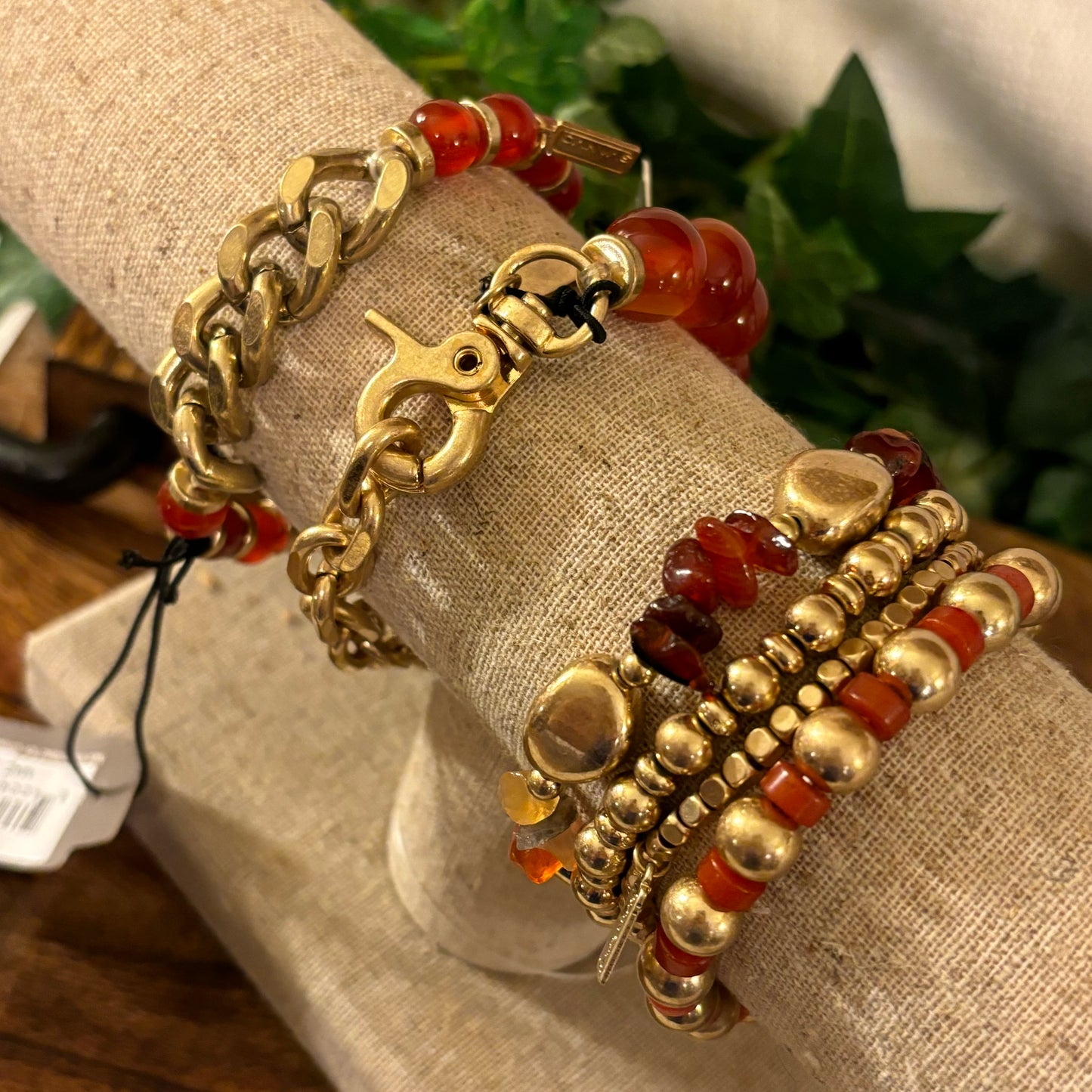 Bracelets - Rust Red Carnelian And Gold Beaded Bracelet