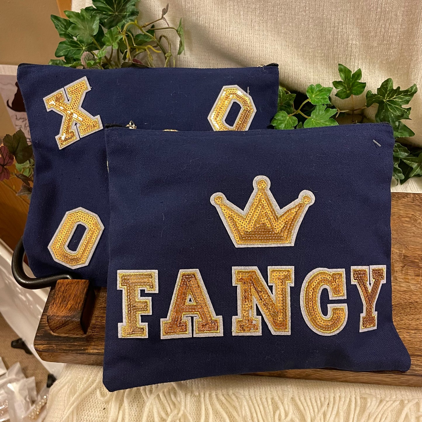 Cosmetic Bag Navy 9β x 8β Chenille Heart Patch and Sequins