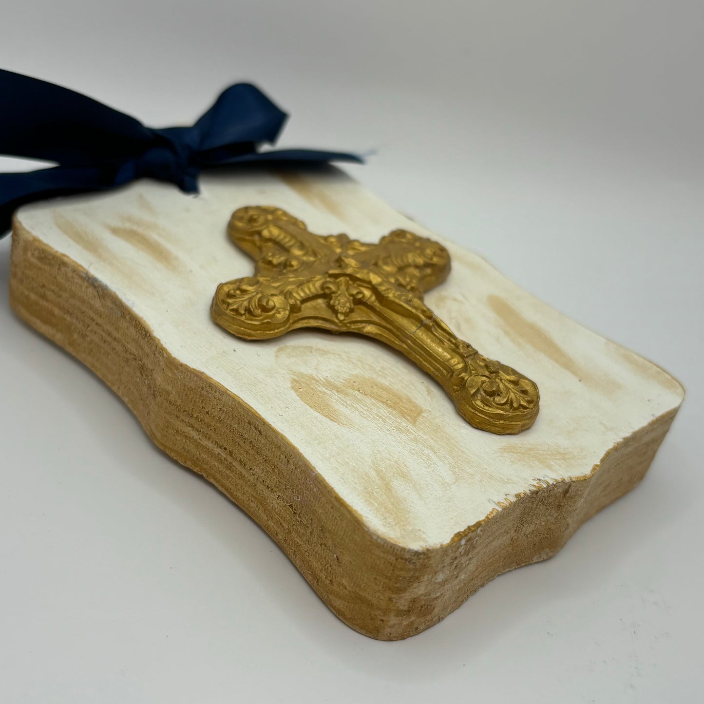 Hand Casted Cross in Gold on 3.5” x 4.5” Wood Slat