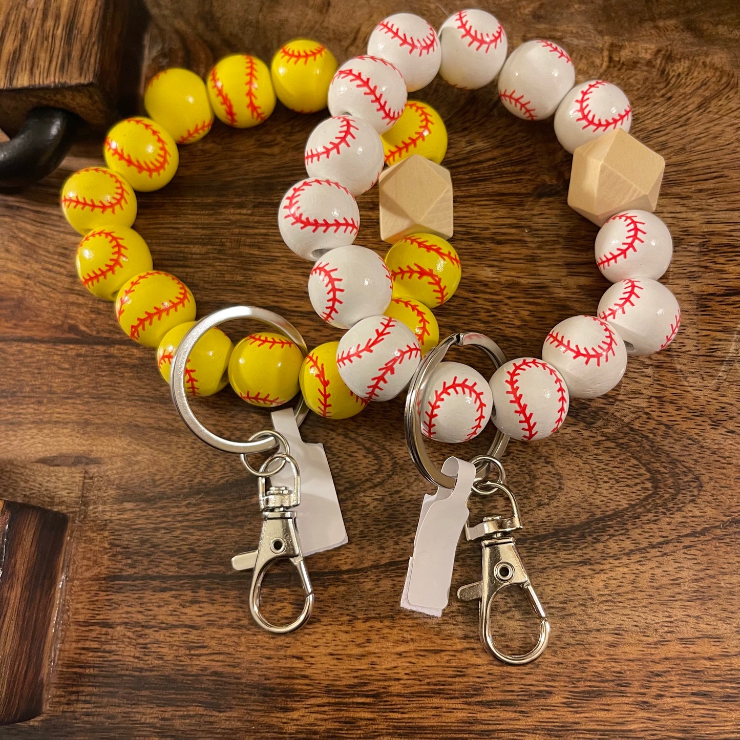 Baseball or Softball Chunky Wooden Bead Bangle Bracelet Key Ring