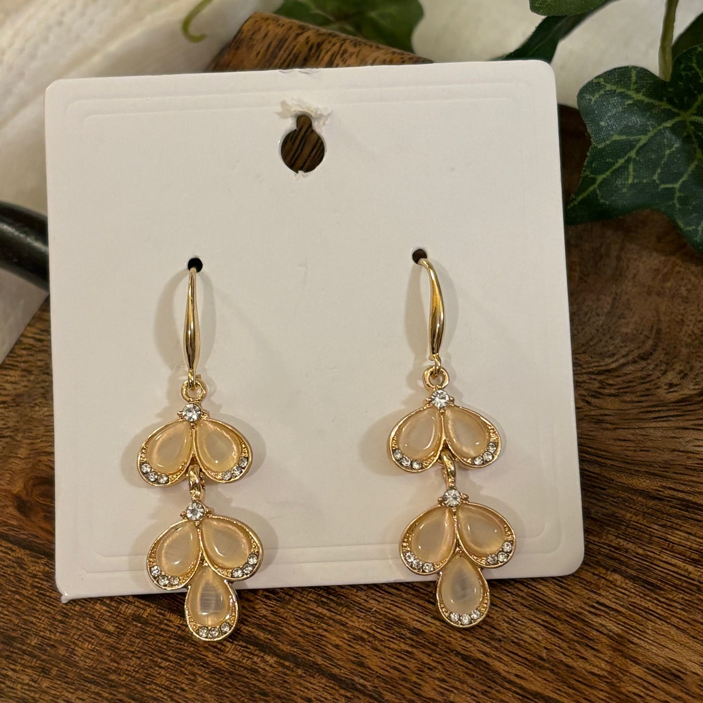 Gold Earrings with Clear and Rhinestone Beads Dangle Earrings 2” long