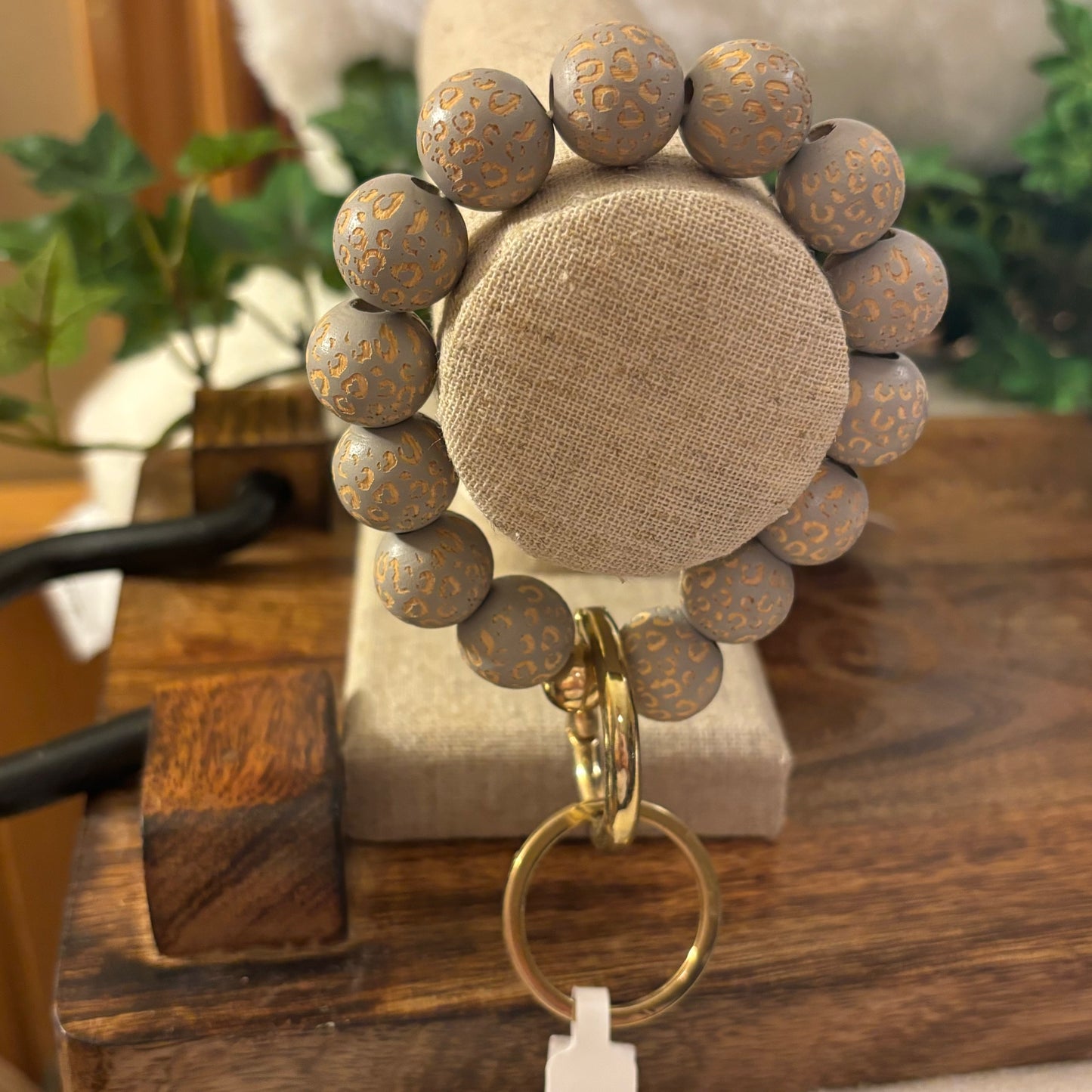 Chunky Wood Beaded Key Ring Leopard Print