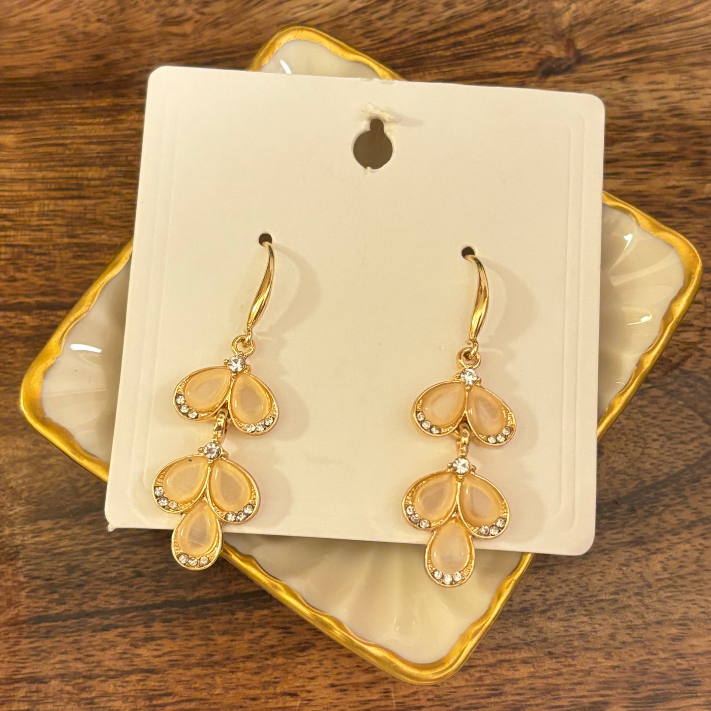 Gold Earrings with Clear and Rhinestone Beads Dangle Earrings 2” long