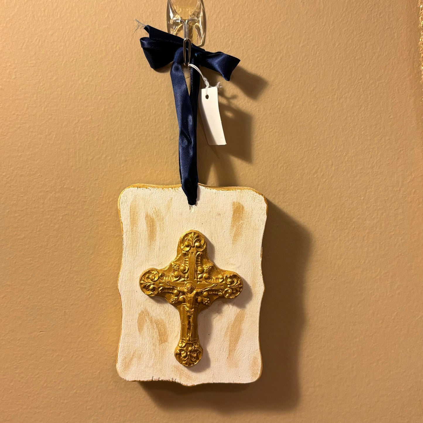 Hand Casted Cross in Gold on 3.5” x 4.5” Wood Slat