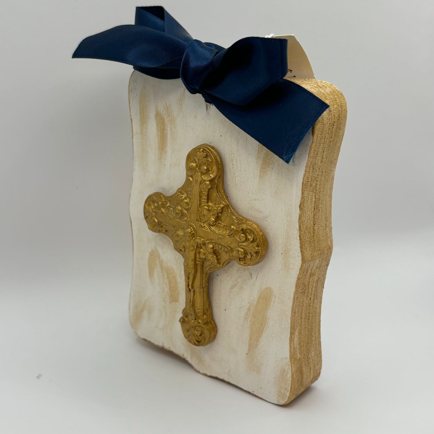 Hand Casted Cross in Gold on 3.5” x 4.5” Wood Slat