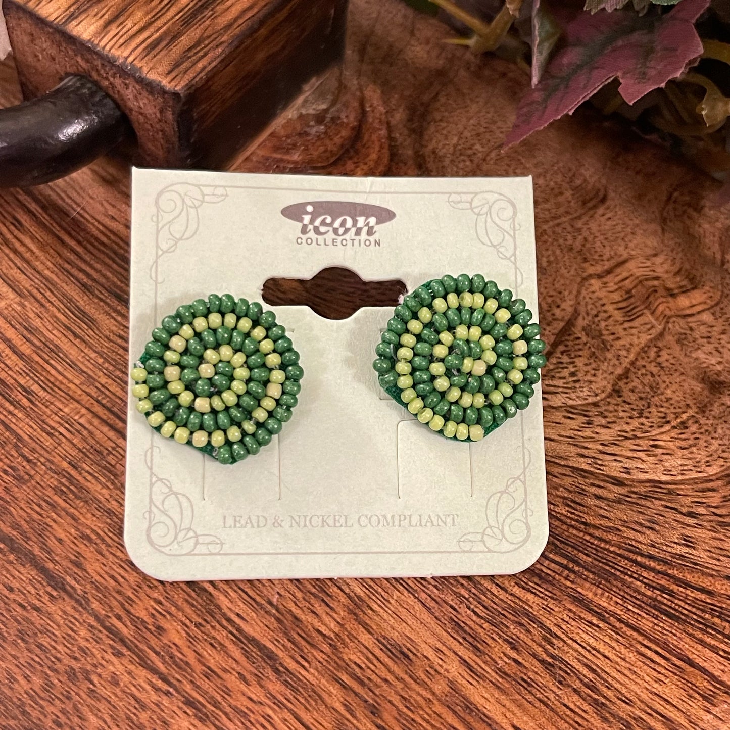 Mardi Gras Green Seed Bead Swirl Post Back Earrings