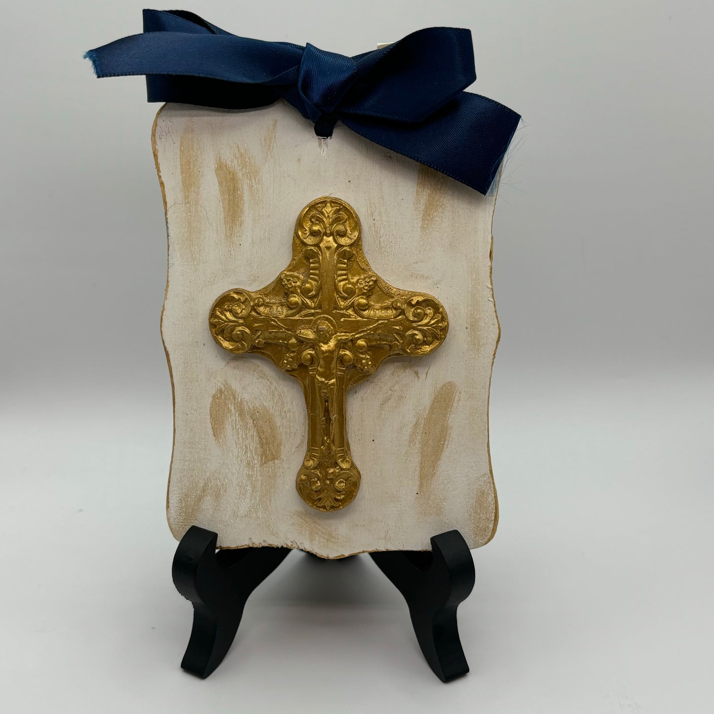 Hand Casted Cross in Gold on 3.5” x 4.5” Wood Slat