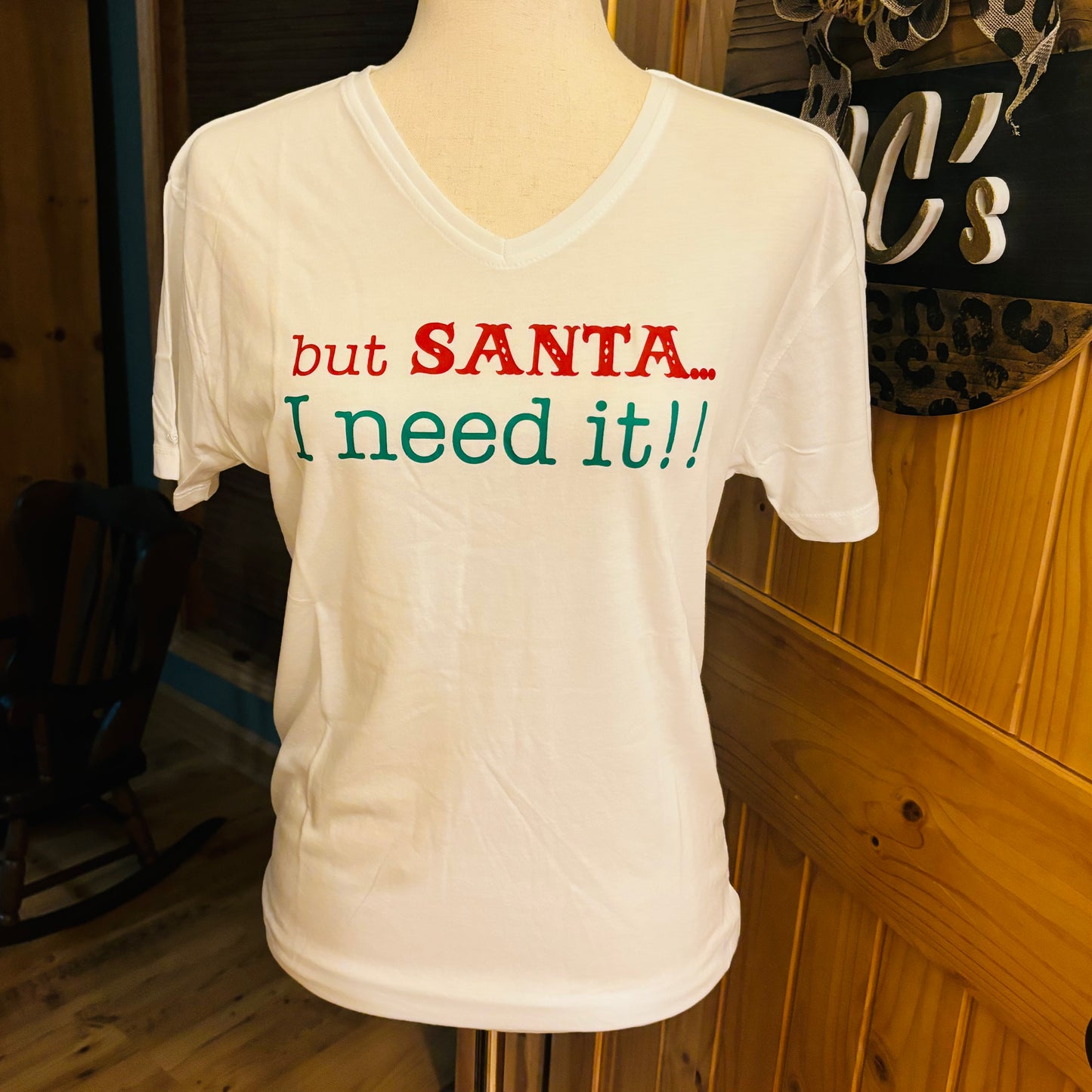 “But Santa” V-Neck T-Shirt For Women White/Red/Dark Green