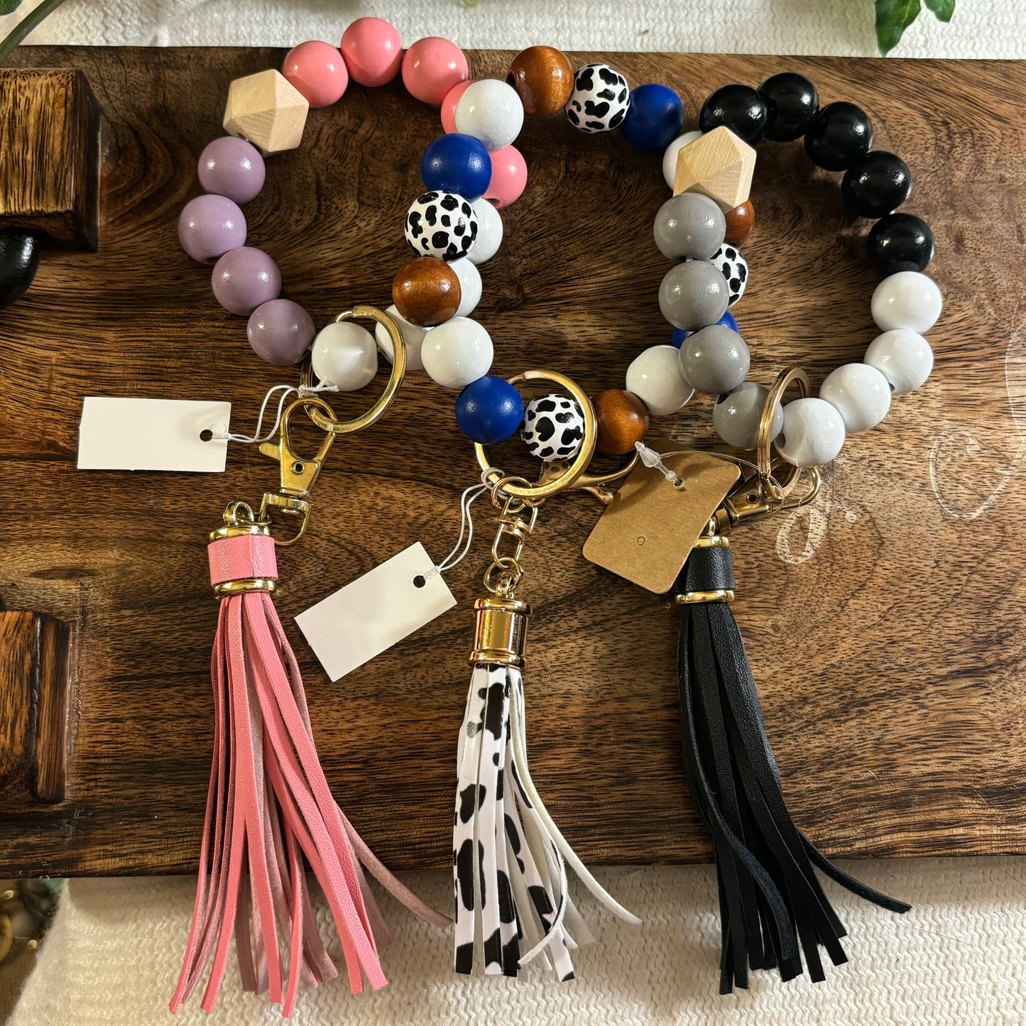 Chunky Wooden Bead Bangle Key Ring