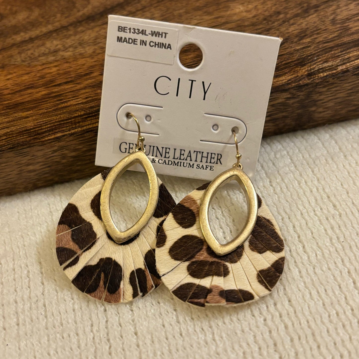 Earrings- Animal Print Leather And Gold Metal Dangle Earrings