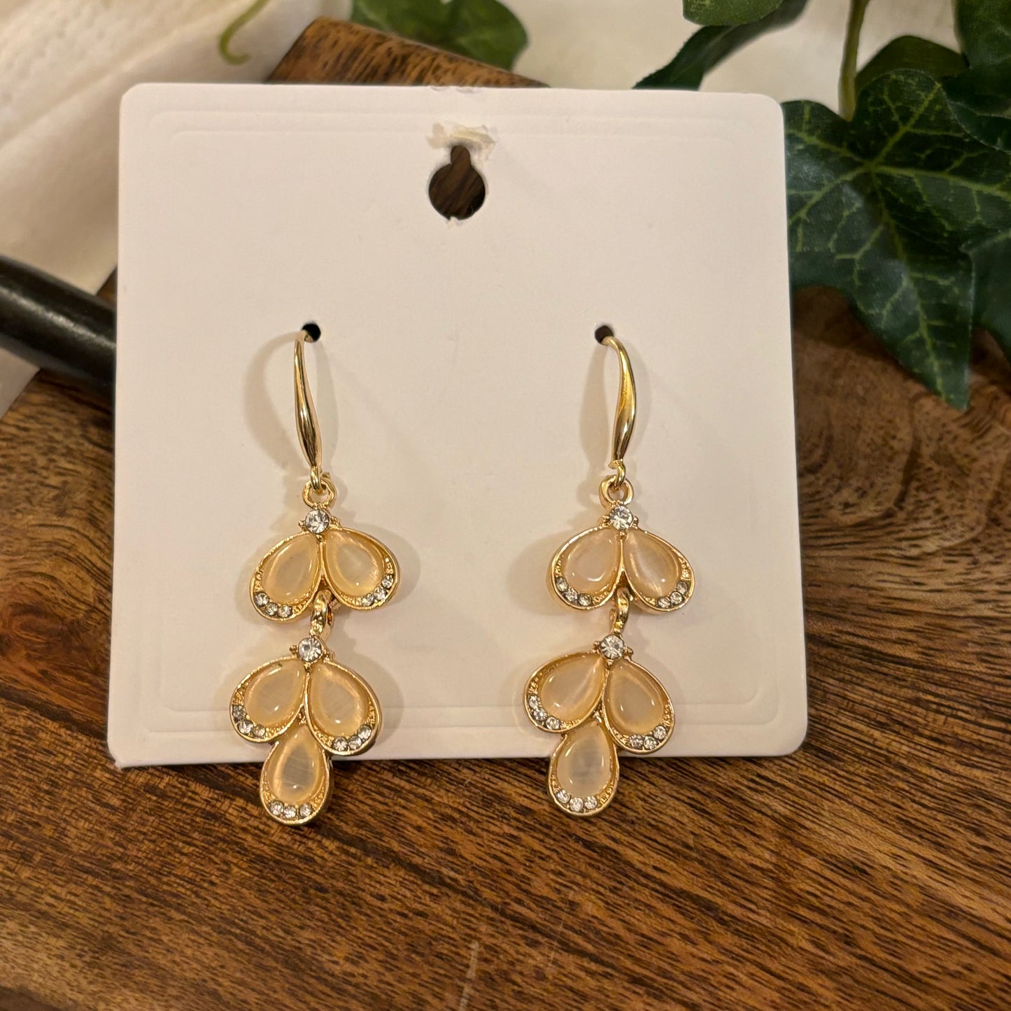 Gold Earrings with Clear and Rhinestone Beads Dangle Earrings 2” long