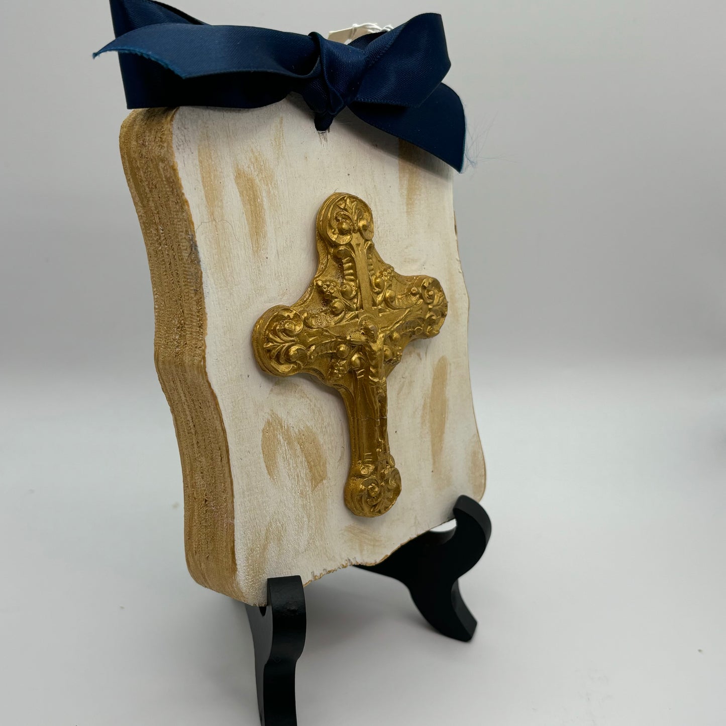 Hand Casted Cross in Gold on 3.5” x 4.5” Wood Slat