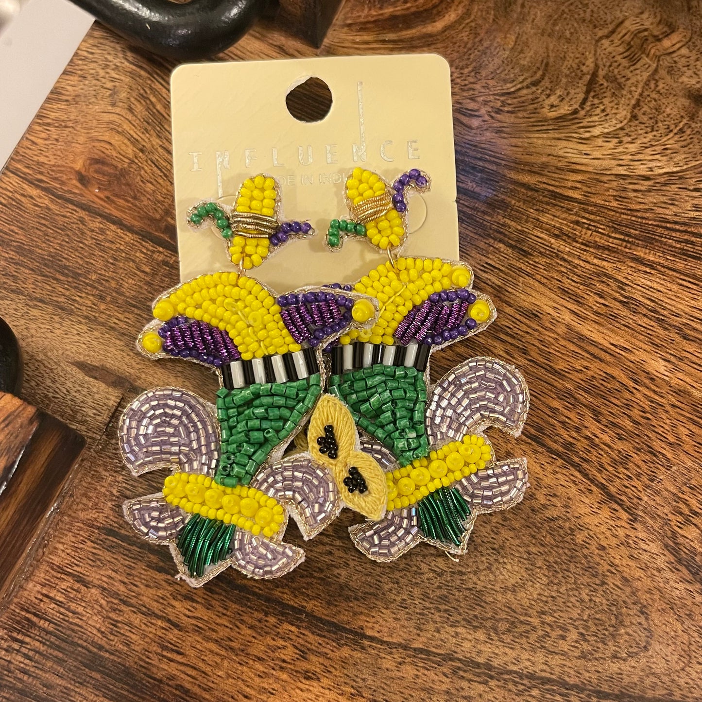Mardi Gras Seed Bead Drop Earrings • Streetcar • Crawfish • Fleur de lis