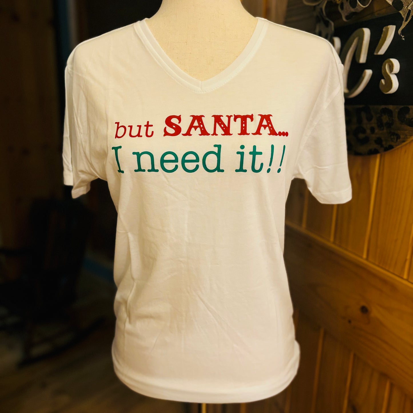 “But Santa” V-Neck T-Shirt For Women White/Red/Dark Green