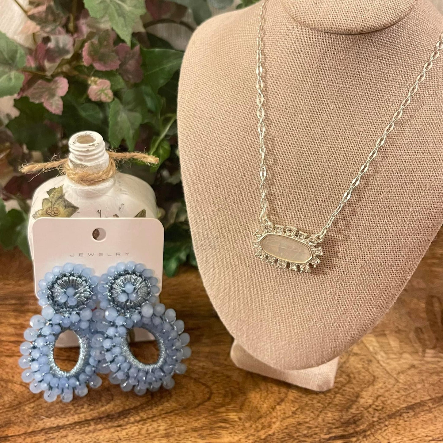 Blue Beaded Oval Drop Earrings