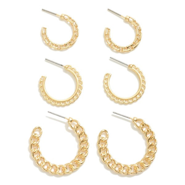 Gold Chain Link Hoop Earring Set of Three Pair