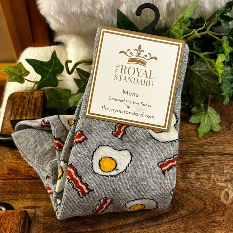 Mens Bacon and Eggs Socks in the colors Gray/Red/White • One Size