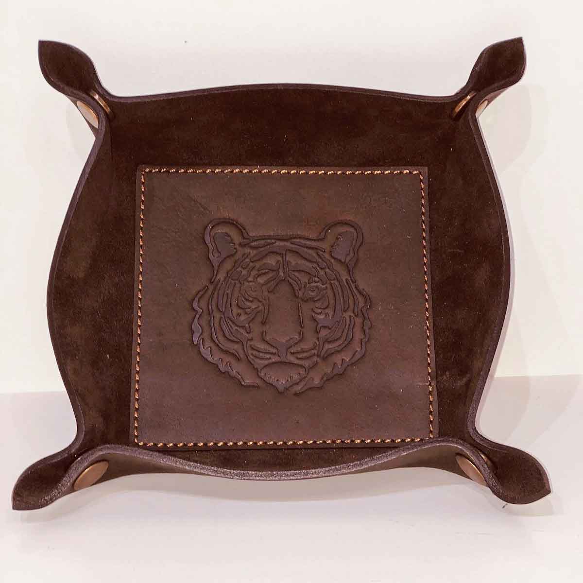 Tiger Leather Embossed Valet Tray Dark Brown • Tiger Leather Embossed Keychain • Dark Brown