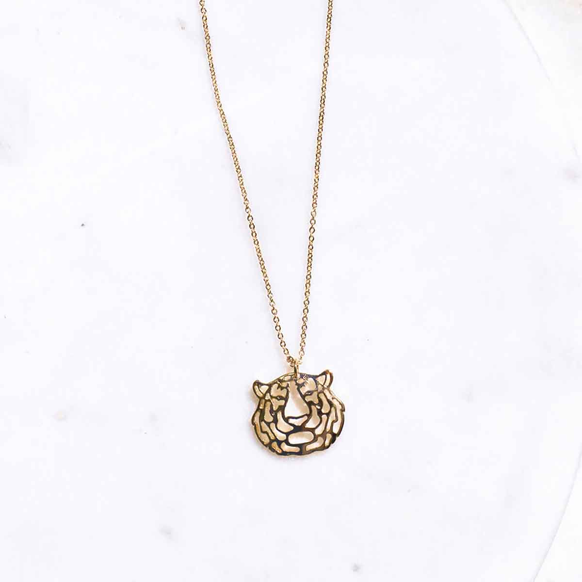 Tiger Pendant on 18” long Gold tone Necklace