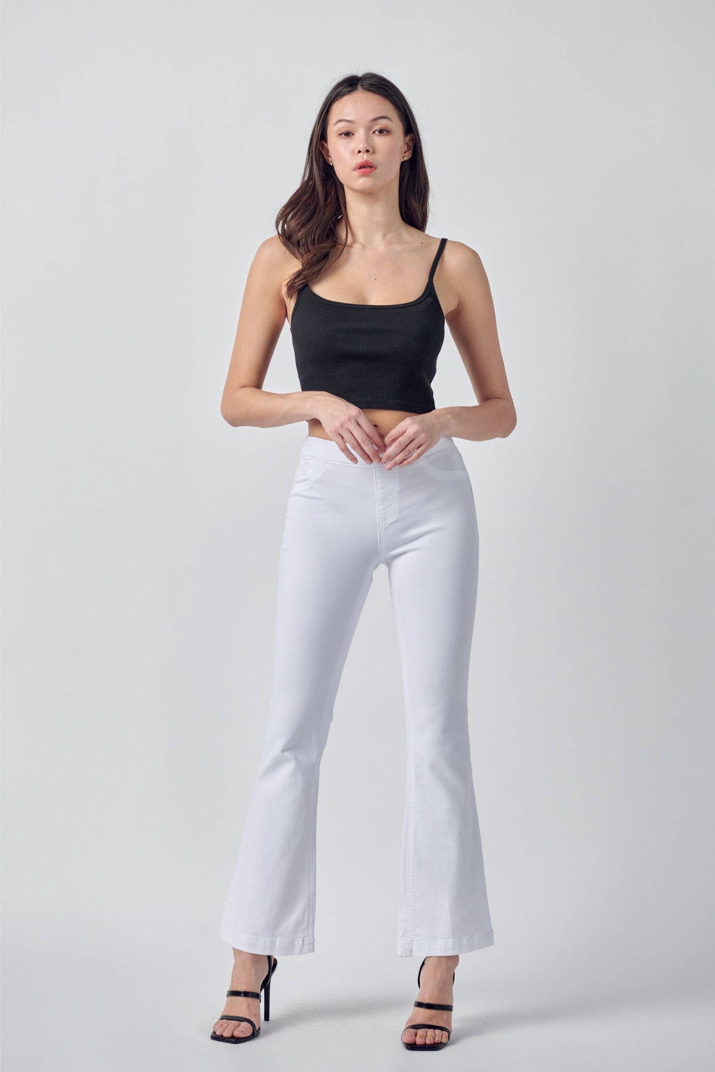 Ladies - Cello Petite Pull On White Flare Jeans