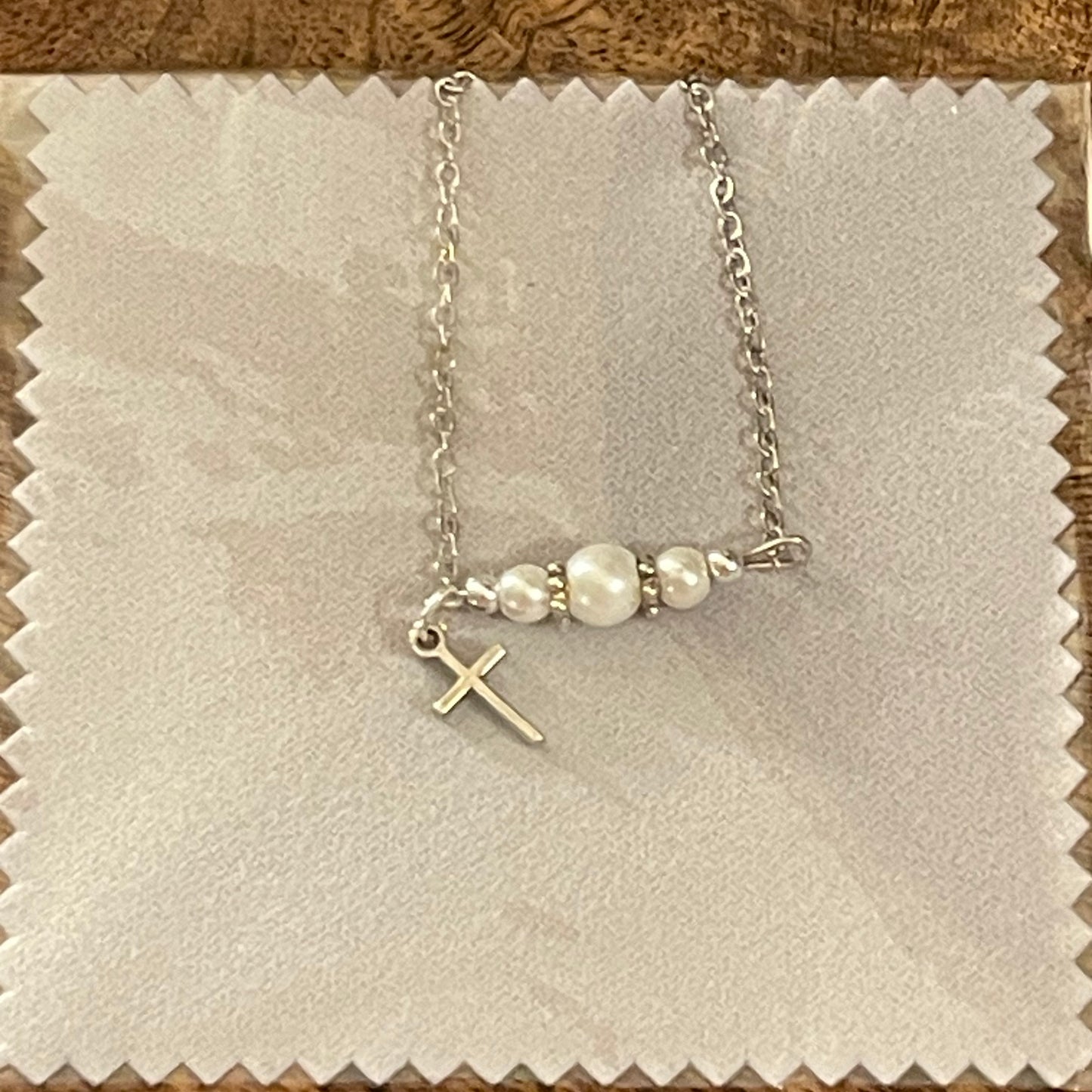 Religious Bracelets - Silver and Pearl Bracelet with Clasp Closure and Cross Charm