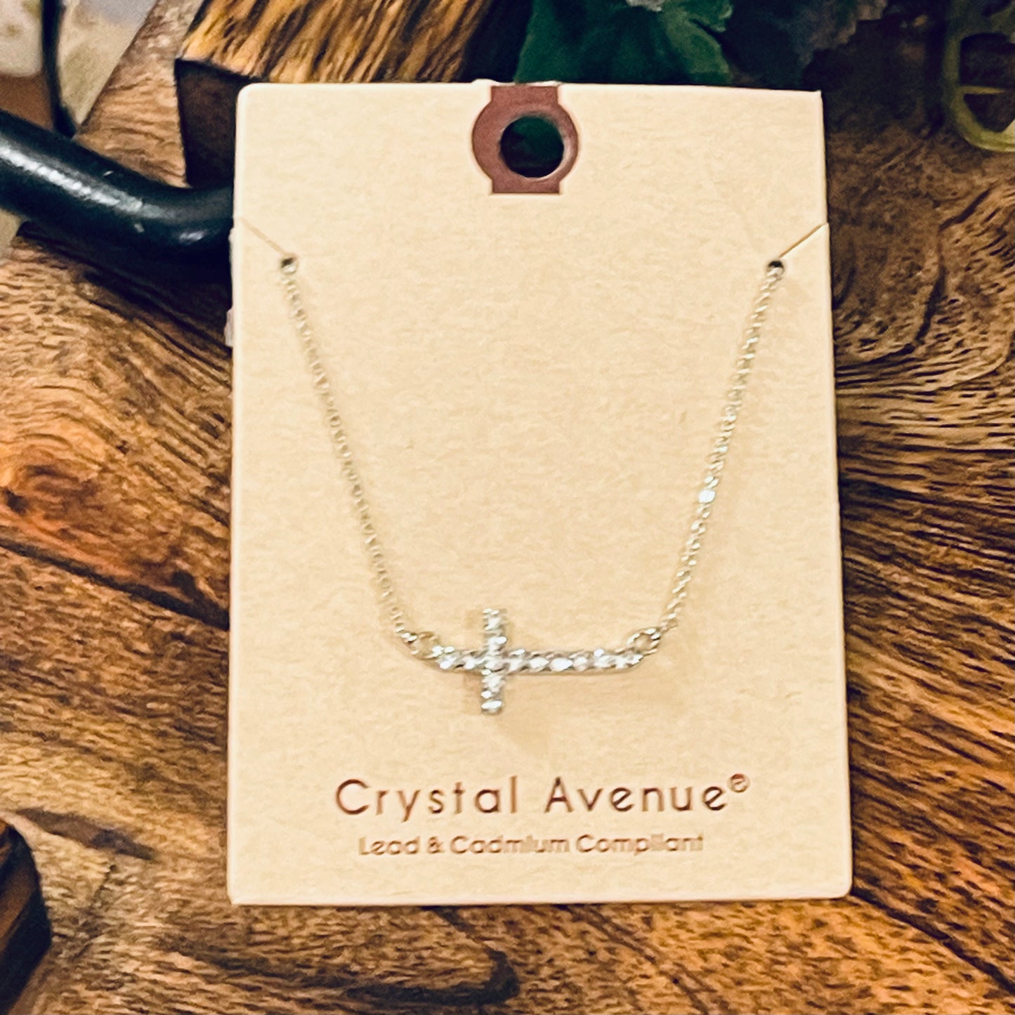 Rhinestone Cross Silver Metal Necklace 16” plus 3” extender