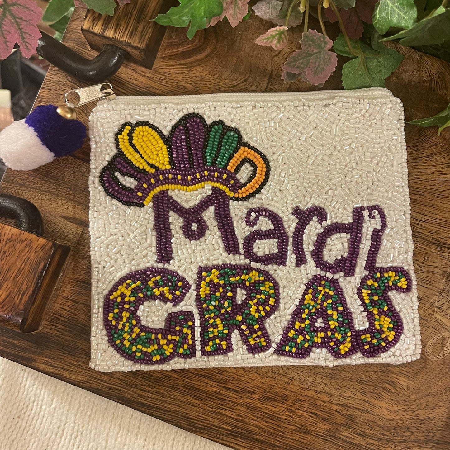 Mardi Gras Seed Bead Zippered Pouch