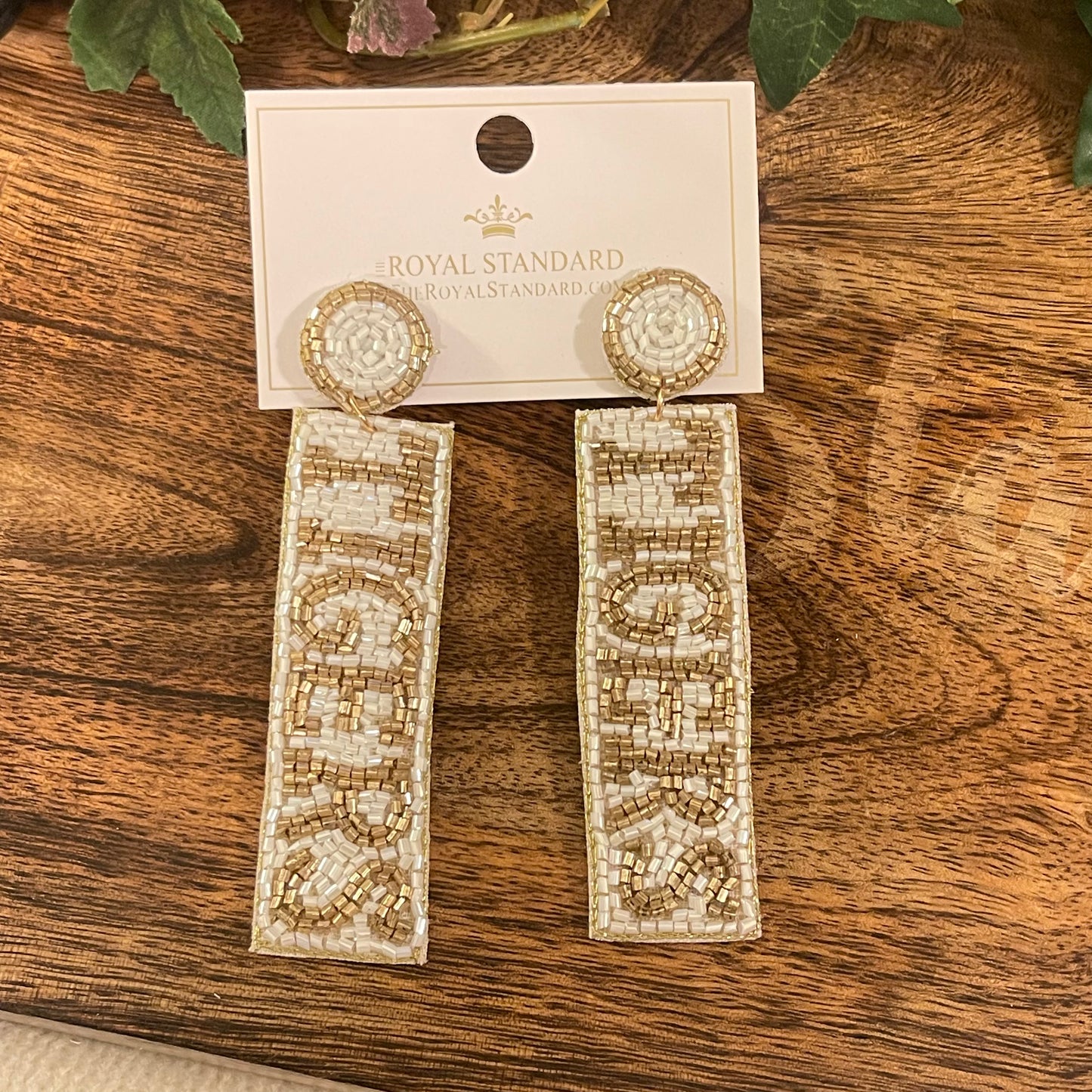 Tiger Face Beaded Earrings White/Gold 2"