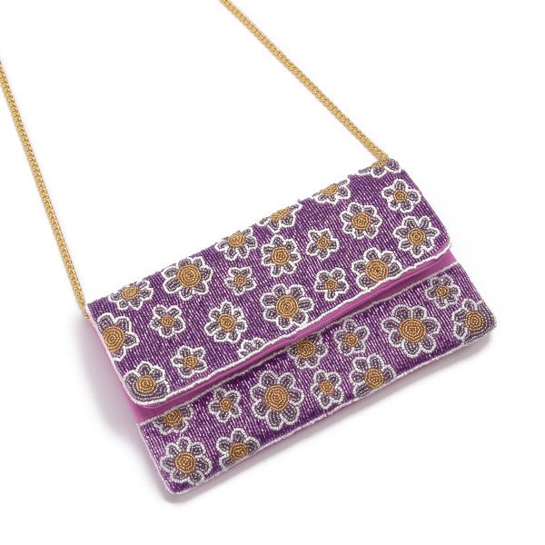 Purple and Gold Flower Seed Bead Handbag