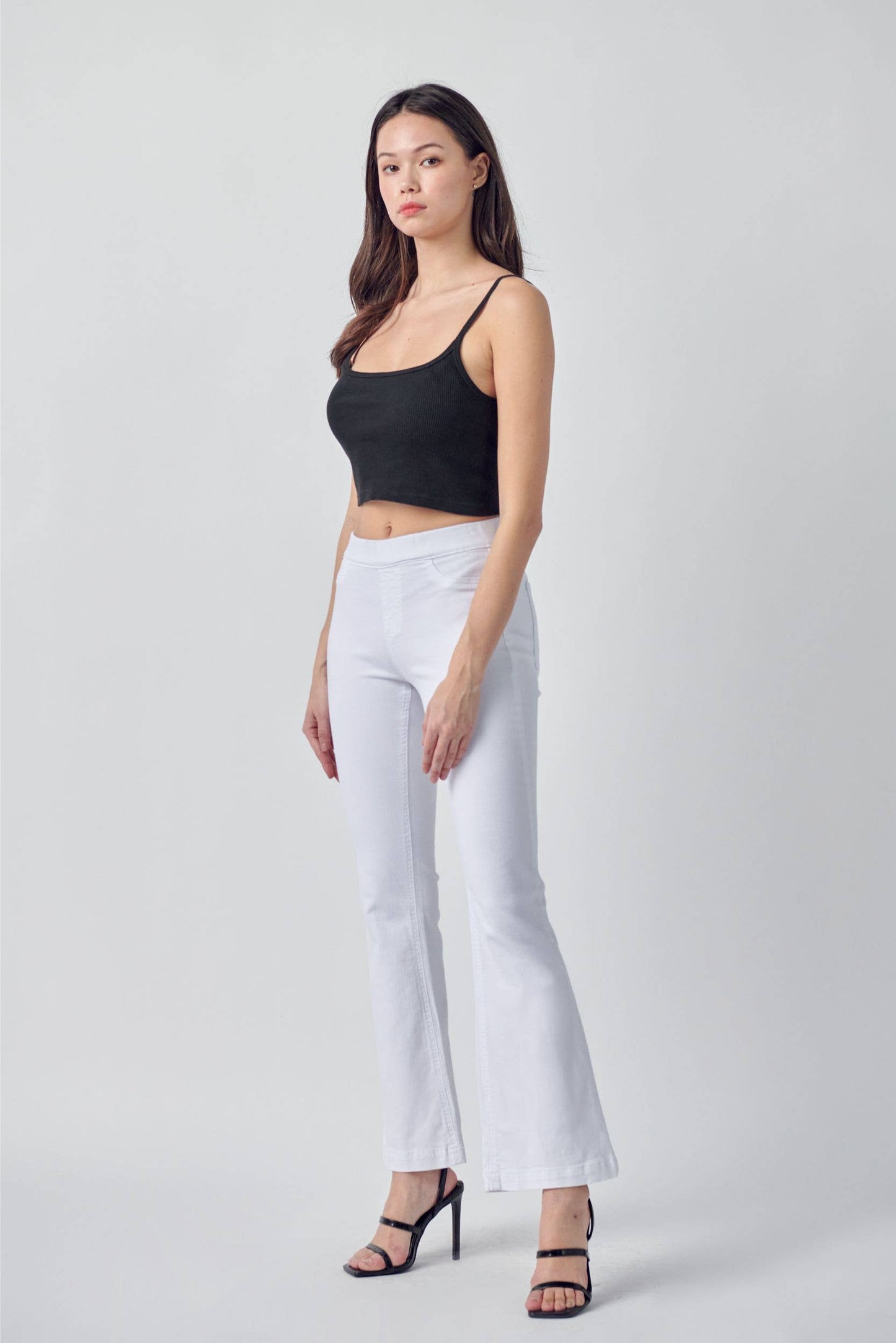 Ladies - Cello Petite Pull On White Flare Jeans