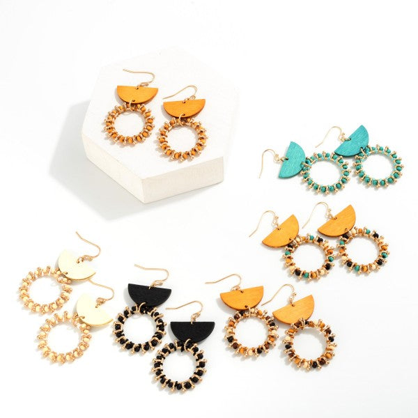 Wood Beaded Hoop Drop Earrings