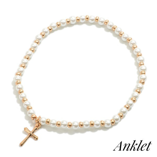 Ankle Bracelet- Stretchy Beaded Anklet with Dangle Cross Charm