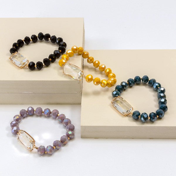Bracelets - Mustard Color Beaded Stretch Bracelet with Clear Center Stone