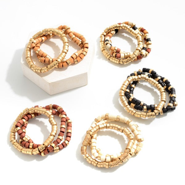 Bracelets - Stretch Bracelet Set with Gold Tone and Ivory Wood Beads