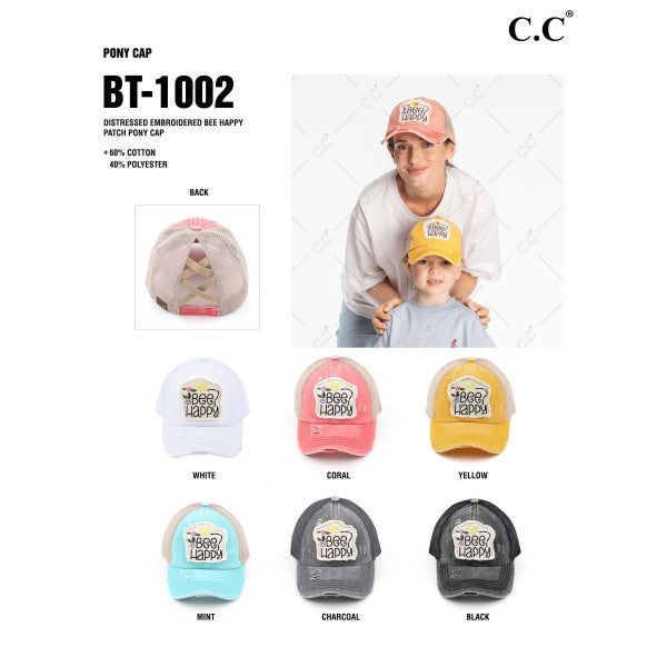 Distressed Embroidered Bee Happy Patch Pony Cap