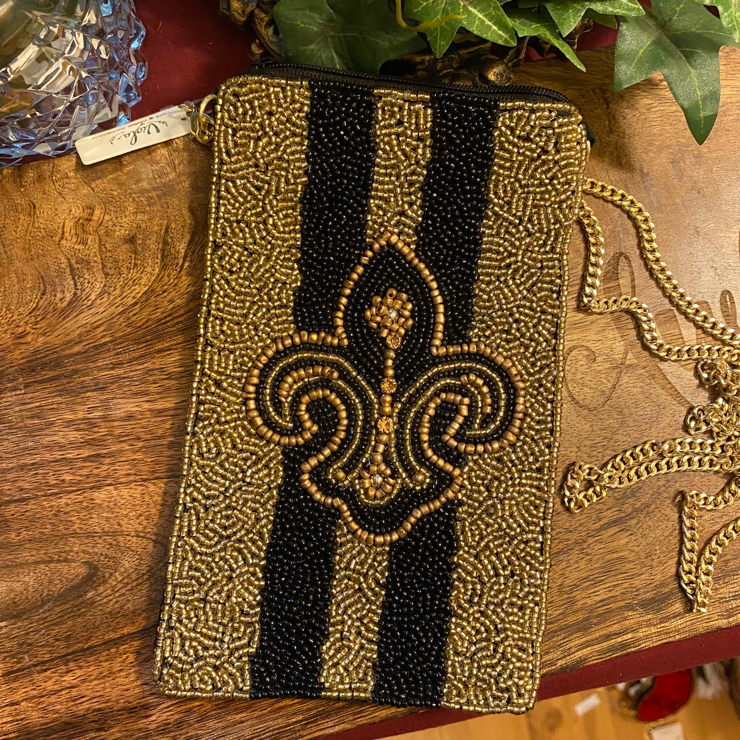 Fleur De Lis Seed Bead Crossbody Purse