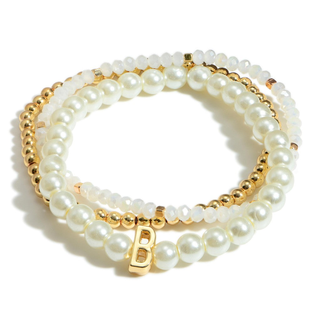 Bracelets - Faux Pearl And Gold Beaded Stretch Bracelet Set